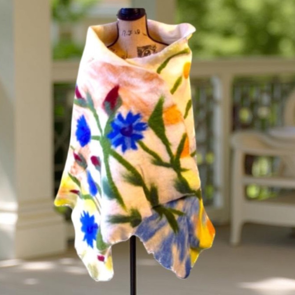 Wool Shawl-Floral Wool Wrap, Handcrafted  wool cape One Of A Kind OOAK